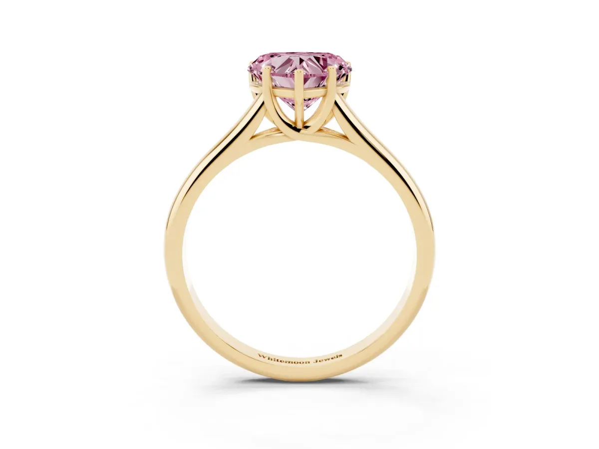 Fancy Pink Heart Cut Cut Diamond Solitaire Engagement Ring with Tapered Plain Band and Four-Prong Setting Yellow gold