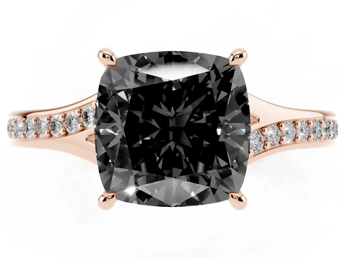 Fancy Black Cushion Cut Diamond Solitaire Ring with Pavé Band and Prong Setting Rose gold