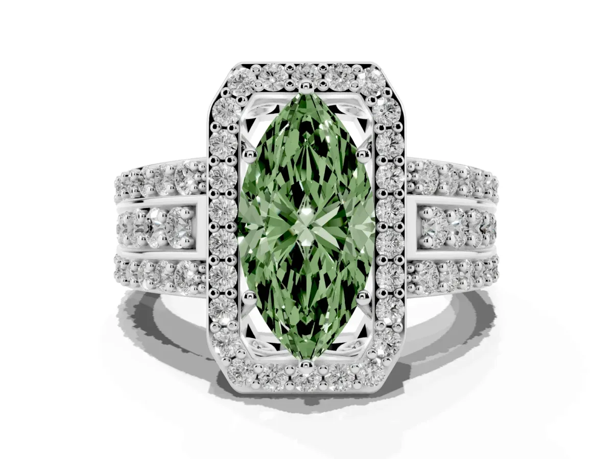 Fancy Green Marquise Cut Halo Diamond Ring with Round Split Shank and Prong Setting Silver