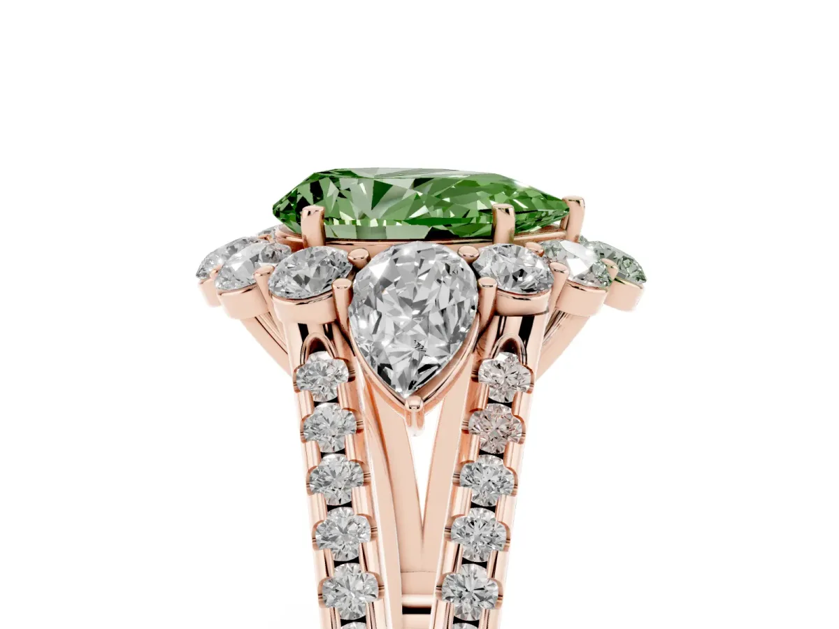 Fancy Green Pear Cut Halo Split Shank Diamond Engagement Ring with Prong Setting Rose gold