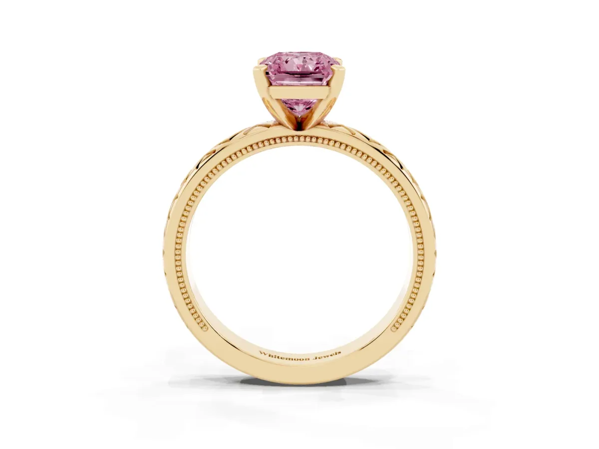Fancy Pink Radiant Cut Solitaire Diamond Ring with Milgrain and Black Enamel X Pattern Band Yellow gold