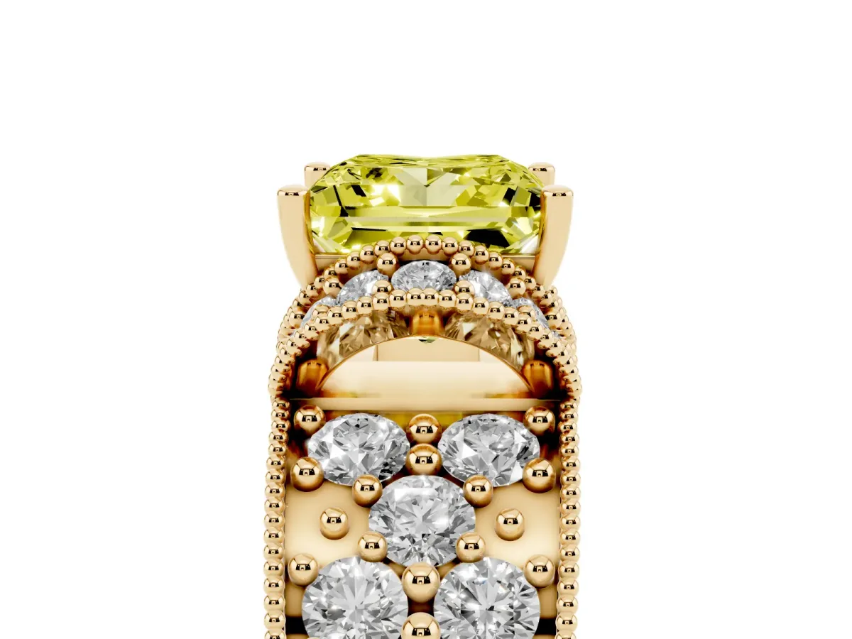 Fancy Yellow Princess Cut Halo Pave Diamond Engagement Ring with Milgrain Detailing Yellow gold
