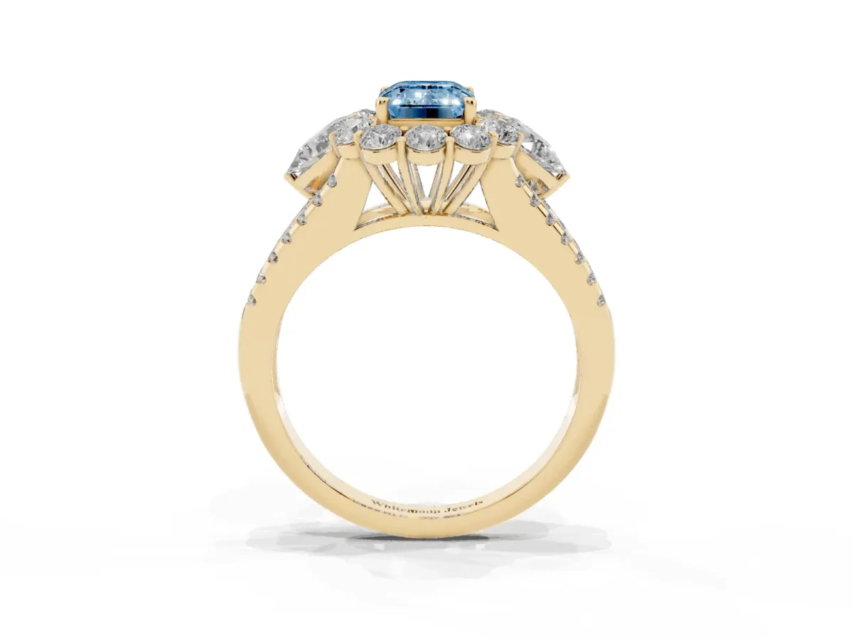 Fancy Blue Emerald Cut Halo Split Shank Diamond Engagement Ring with Prong Setting Yellow gold