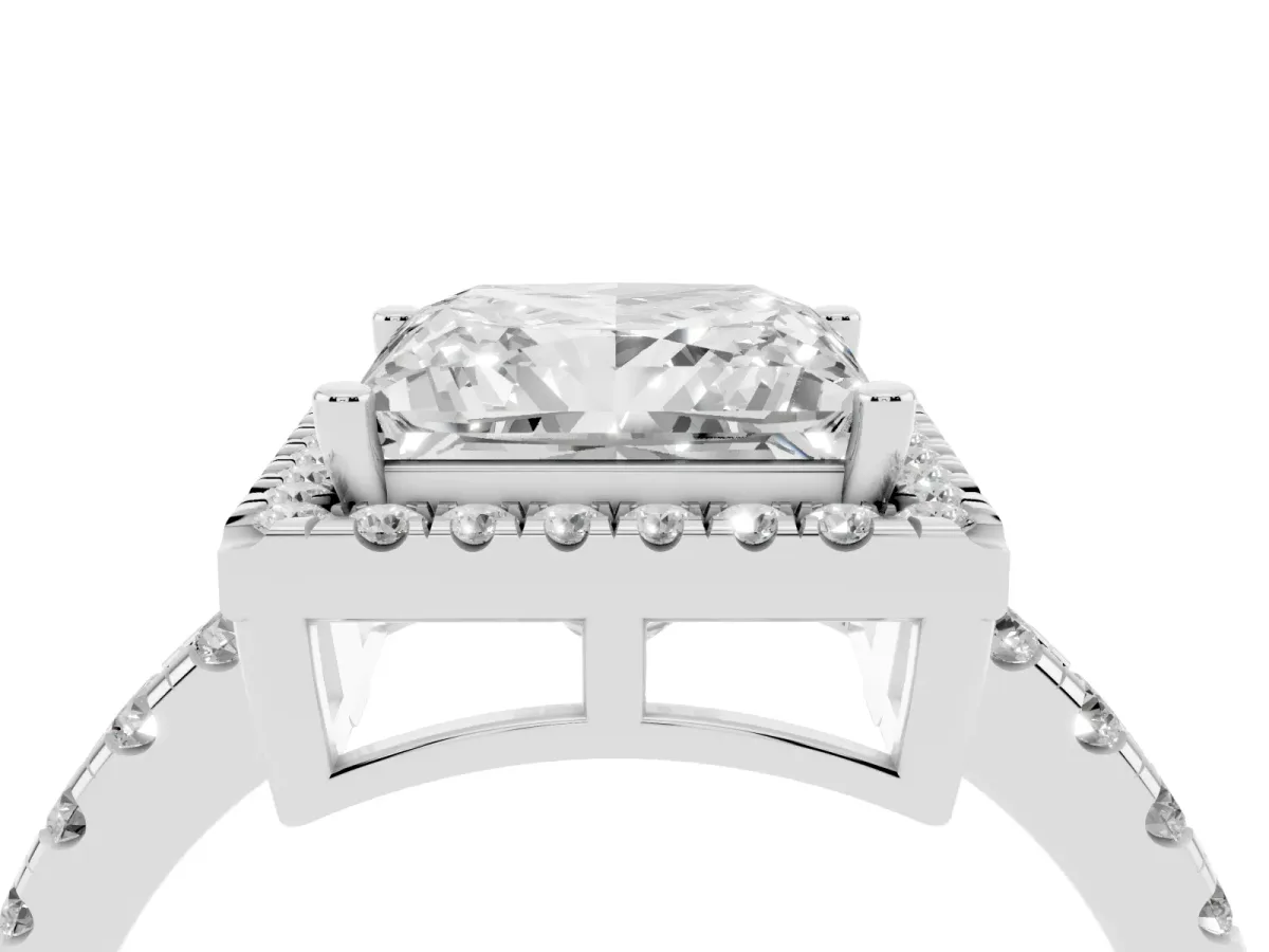 Princess Cut Diamond Halo Ring with Pavé Band and Four-Prong Setting Silver