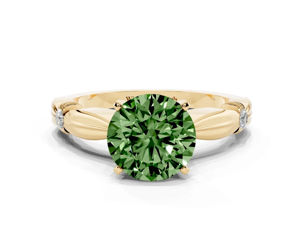 Fancy Green Round Cut Solitaire Diamond Twisted Band with Four-Prong Setting Yellow gold