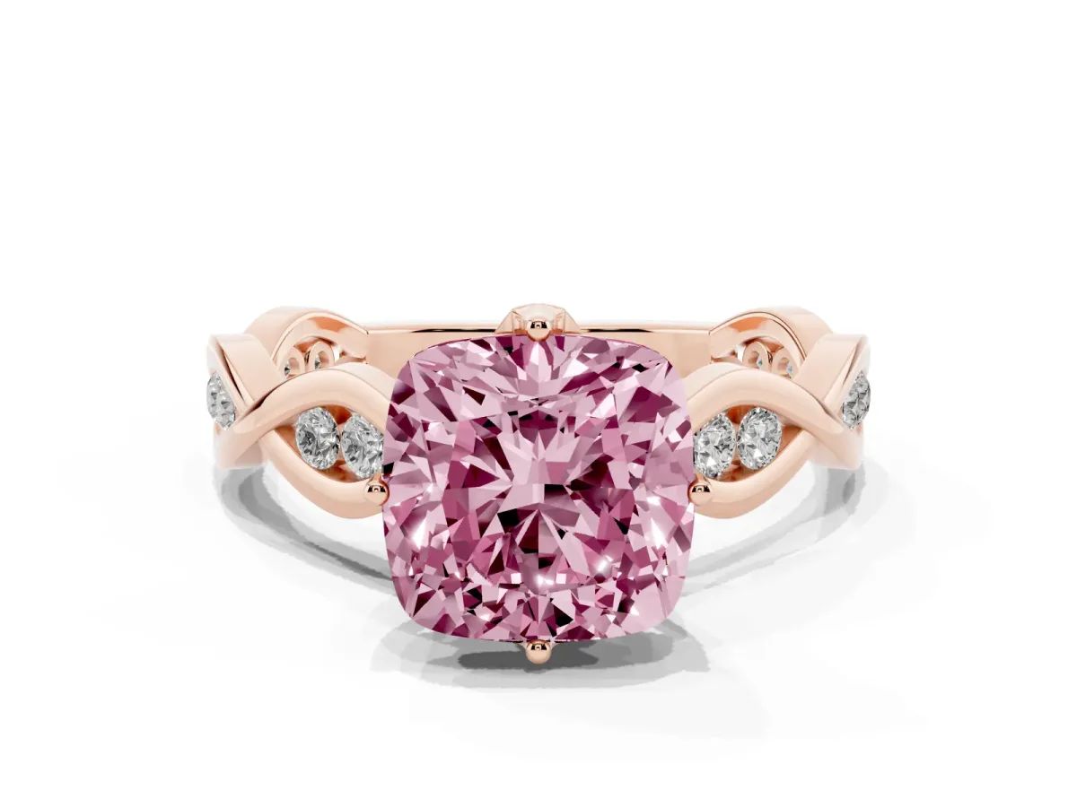 Fancy Pink Cushion Cut Solitaire Twist Band with Leaf Prong Setting Rose gold