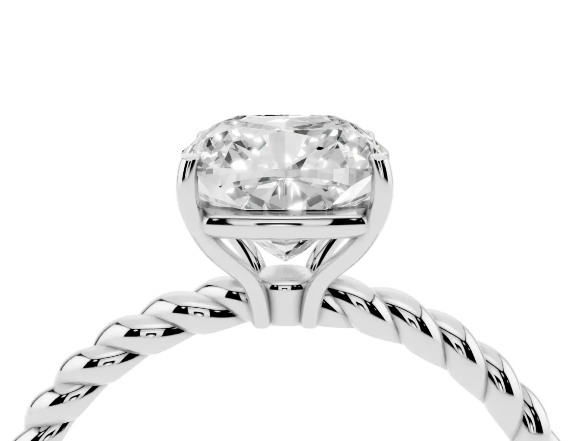 Cushion Cut Solitaire Twist Band Ring with Four-Prong Setting White gold