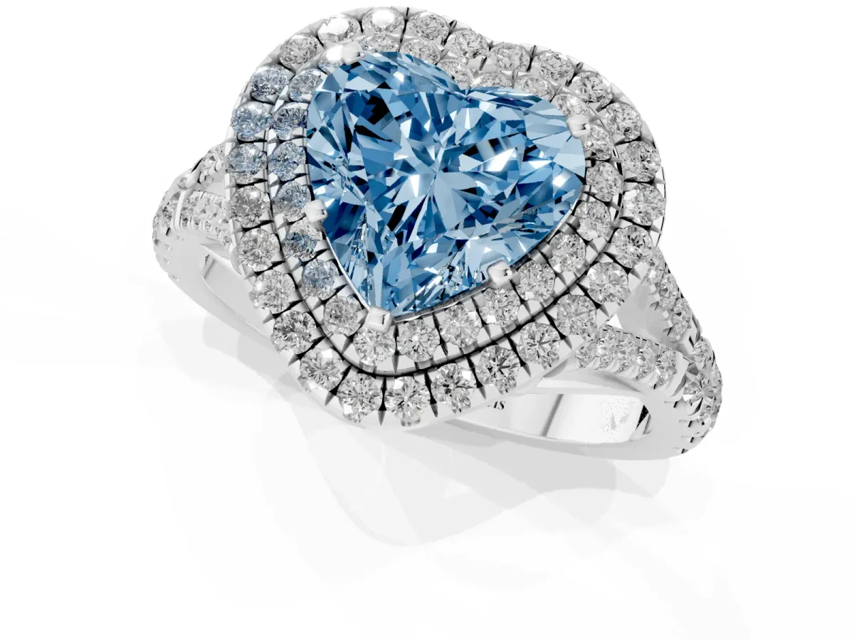 Fancy Blue Heart Cut Cut Double Halo Split Shank Diamond Ring with Prong Setting White gold