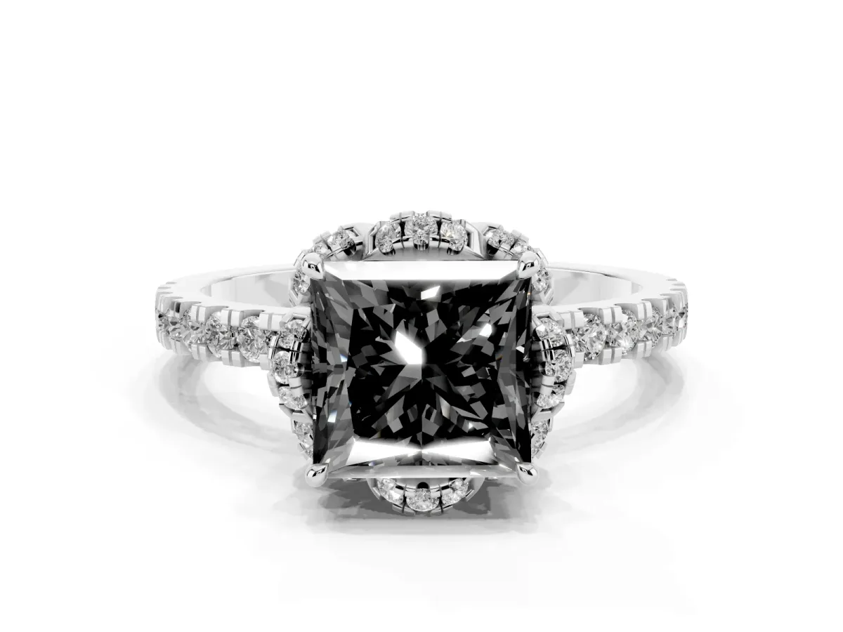 Fancy Black Princess Cut Diamond Halo Pave Band with Four-Prong Setting Silver