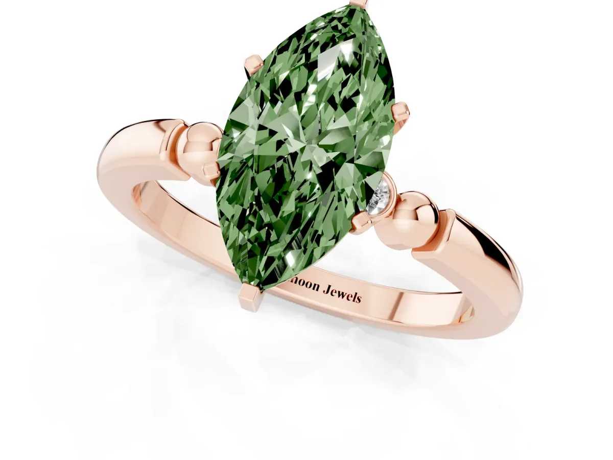 Fancy Green Marquise Cut Solitaire Beaded Band with Four-Prong Setting Rose gold