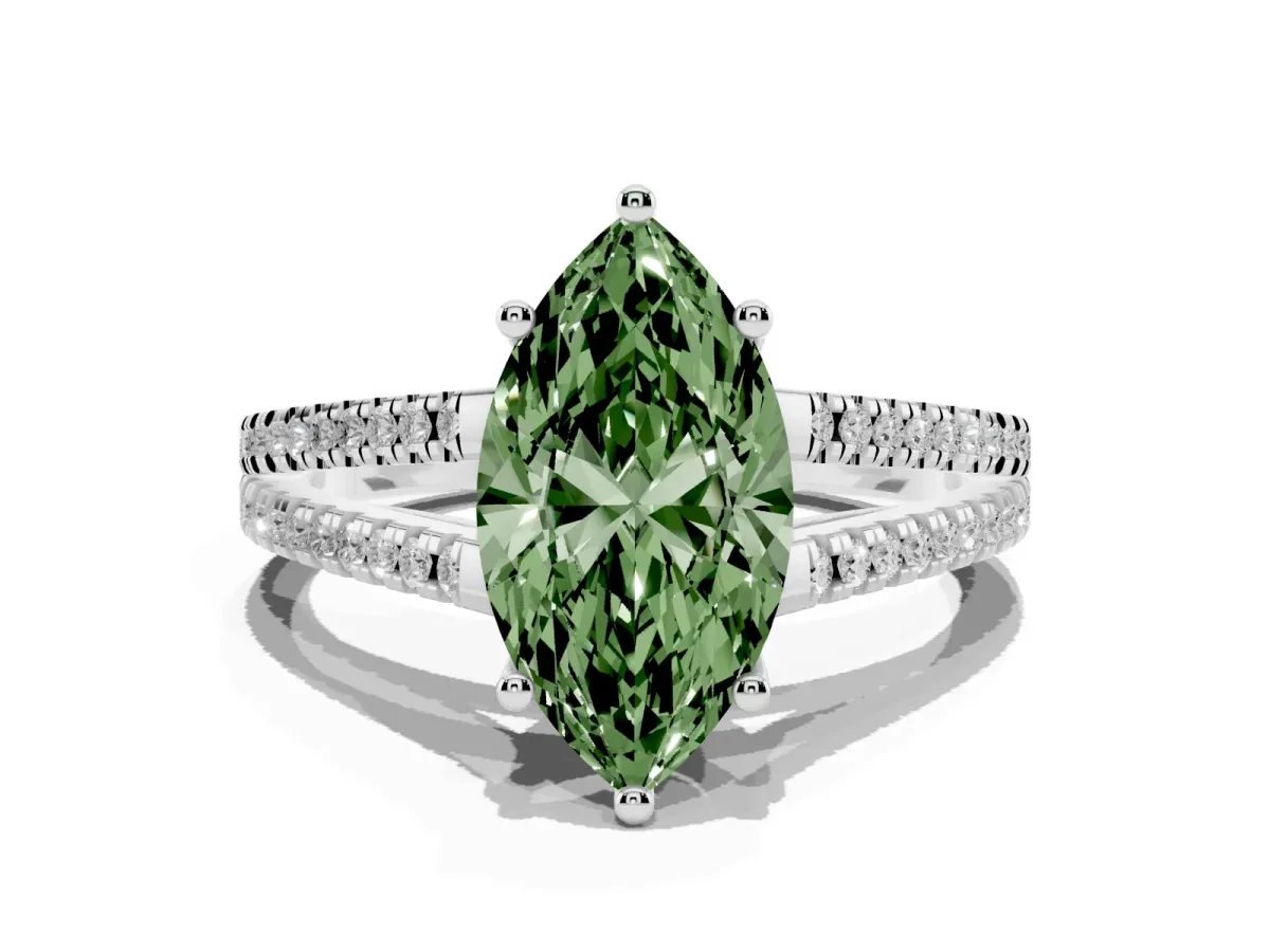 Fancy Green Marquise Cut Diamond Solitaire Engagement Ring with Split Shank Pavé Band Silver