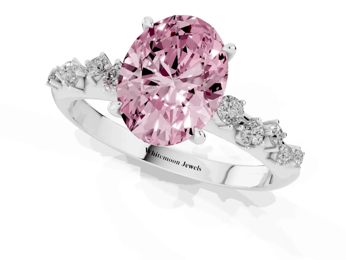Fancy Pink Oval Cut Diamond Cluster Side Stone Solitaire Ring with Prong Setting Silver