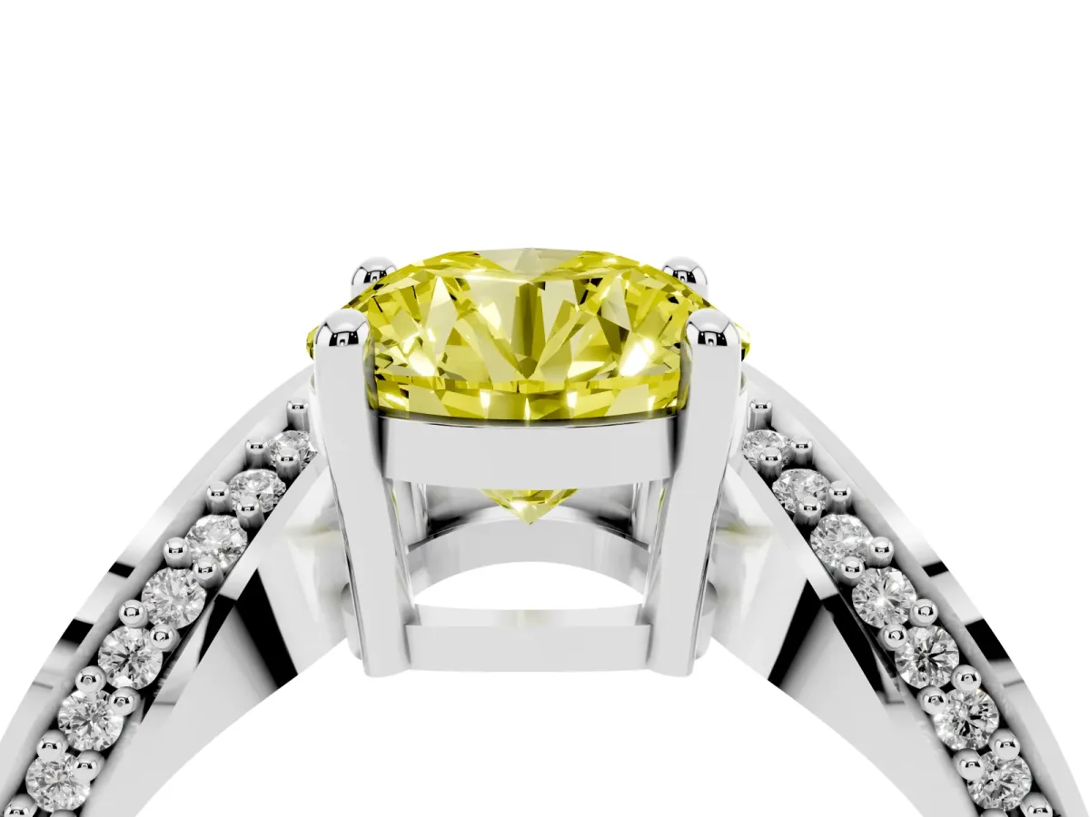 Fancy Yellow Round Cut Solitaire Diamond Engagement Ring with Pave Band and Four-Prong Setting Silver