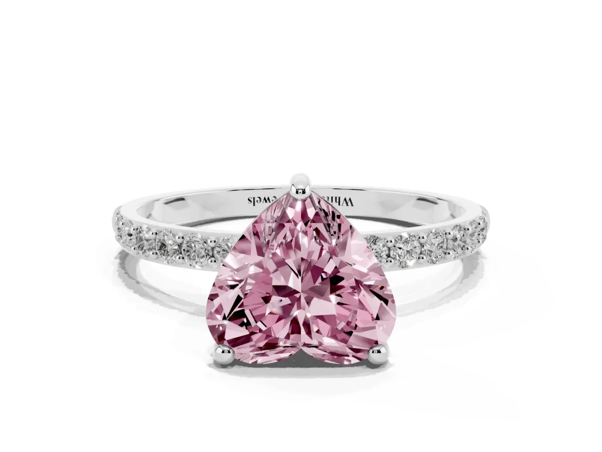 Fancy Pink Heart Cut Diamond Solitaire Ring with Round Pavé Band and Prong Setting Silver