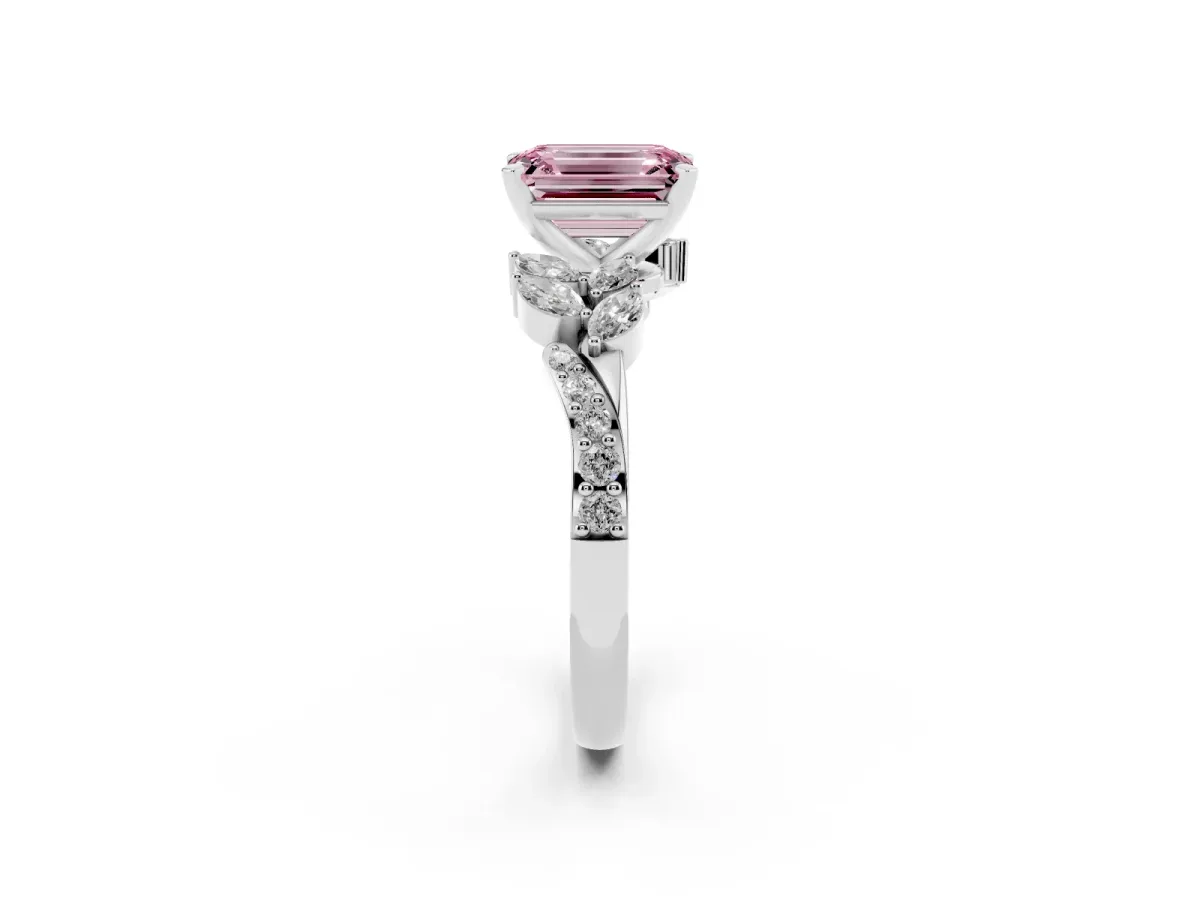 Fancy Pink Emerald Cut Solitaire Marquise Twist Band with Six-Prong Setting Silver
