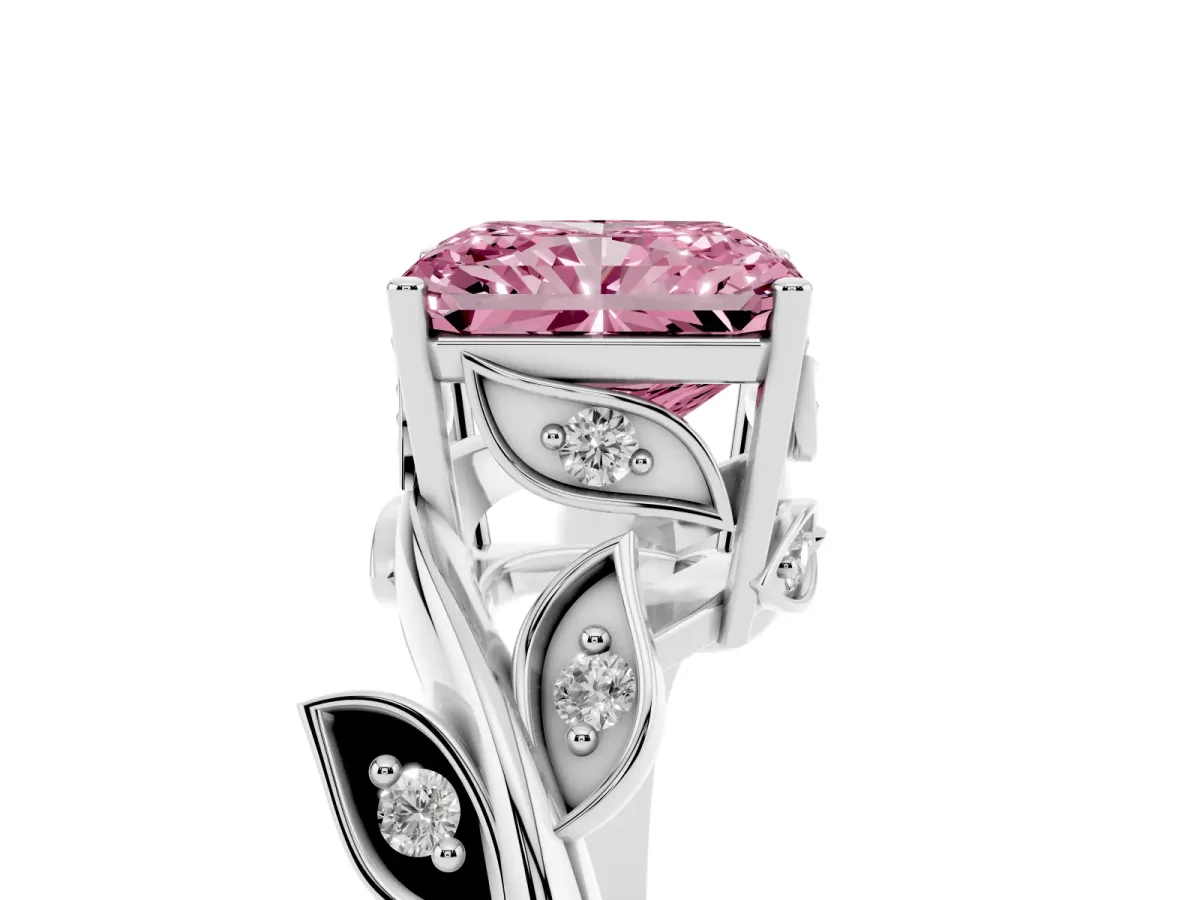 Fancy Pink Radiant Cut Solitaire Twist Engagement Ring with Leaf Accents and Prong Setting White gold