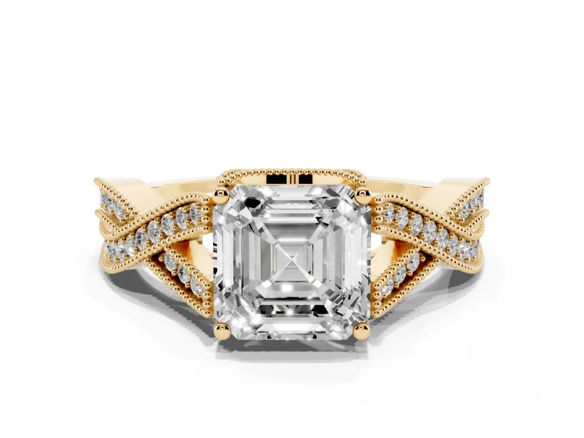 Asscher Cut Cut Diamond Twisted Band with Milgrain Pave Setting and Four-Prong Setting Yellow gold