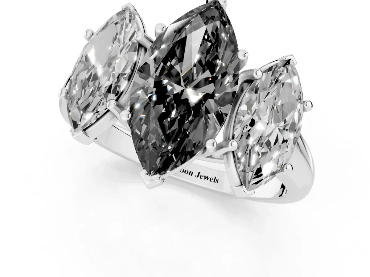 Fancy Black Three-Stone Marquise Cut Diamond Engagement Ring with Prong Setting White gold