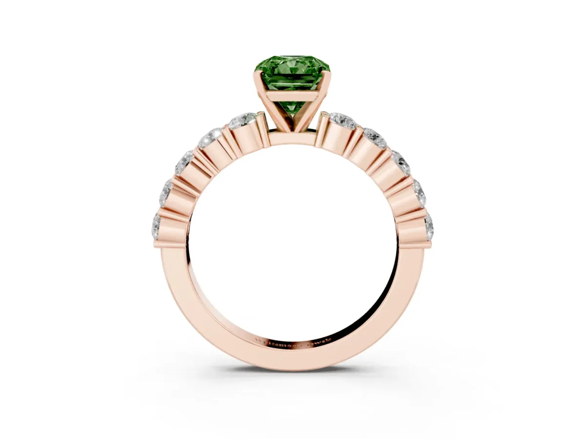 Fancy Green Radiant Cut Diamond Solitaire Ring with Shared Prong Round Side Stones Rose gold