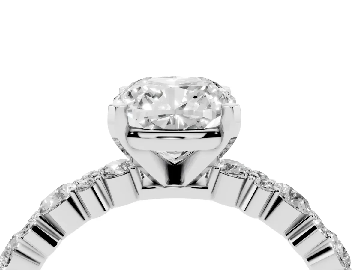 Cushion Cut Diamond Side Stone Solitaire Ring with Round and Four-Prong Setting Silver
