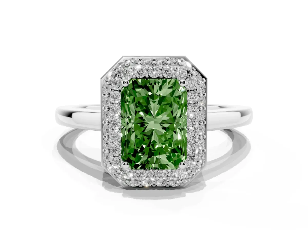 Fancy Green Radiant Cut Halo Diamond Engagement Ring with Solitaire Band and Four-Prong Setting Silver