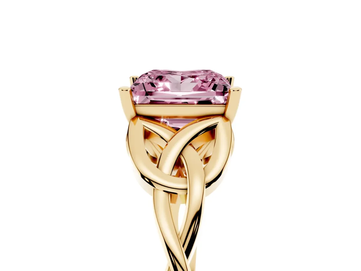 Fancy Pink Princess Cut Diamond Solitaire Engagement Ring with Celtic Knot Band and Four-Prong Setting Yellow gold
