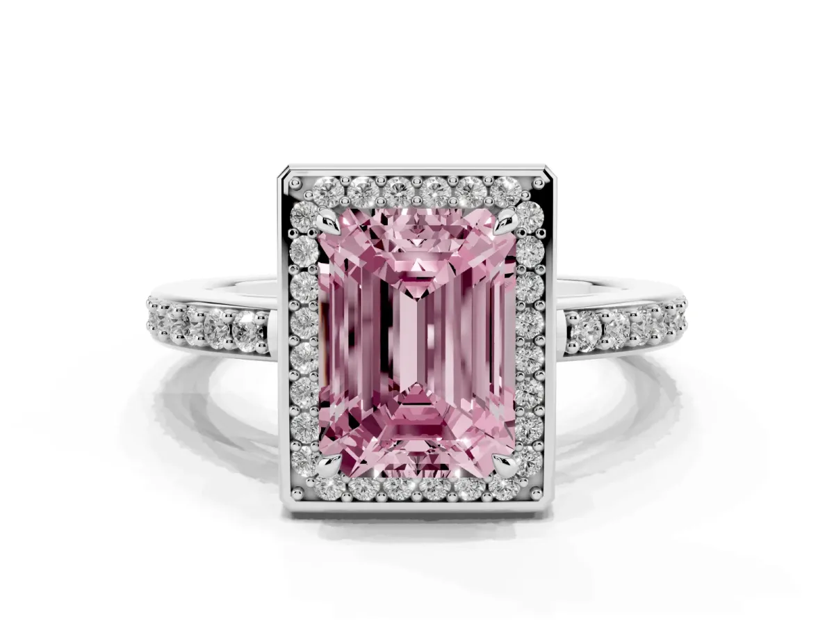 Fancy Pink Emerald Cut Halo Pave Band Solitaire Ring with Prong Setting Silver