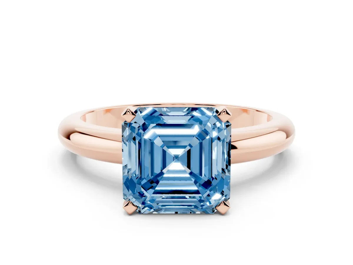 Fancy Blue Asscher Cut Diamond Solitaire Engagement Ring with Round Band and Four-Prong Setting Rose gold