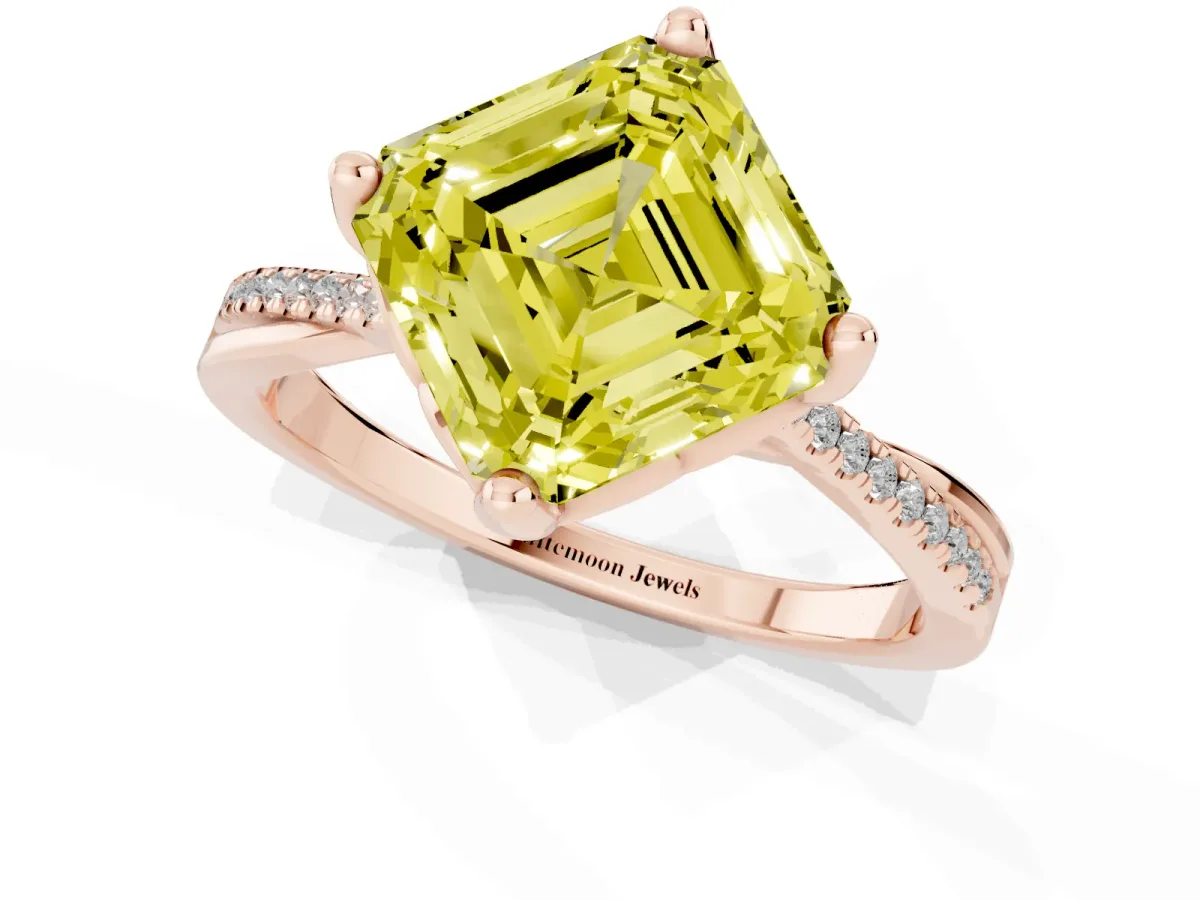 Fancy Yellow Asscher Cut Solitaire Twist Band with Pavé Diamonds and Four-Prong Setting Rose gold