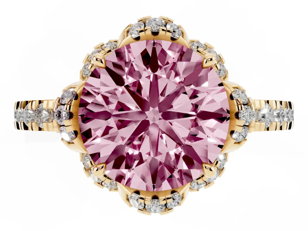 Fancy Pink Round Cut Diamond Halo Pave Band with Four-Prong Setting Yellow gold