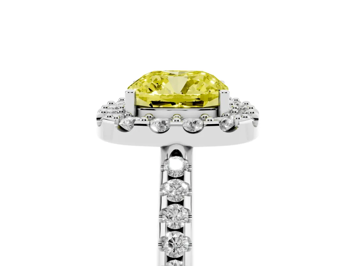 Fancy Yellow Cushion Cut Diamond Pavé Halo Ring with Four-Prong Setting Silver