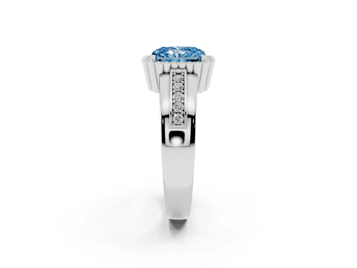 Fancy Blue Radiant Cut Cut Halo Pave Band Four-Prong Ring Silver