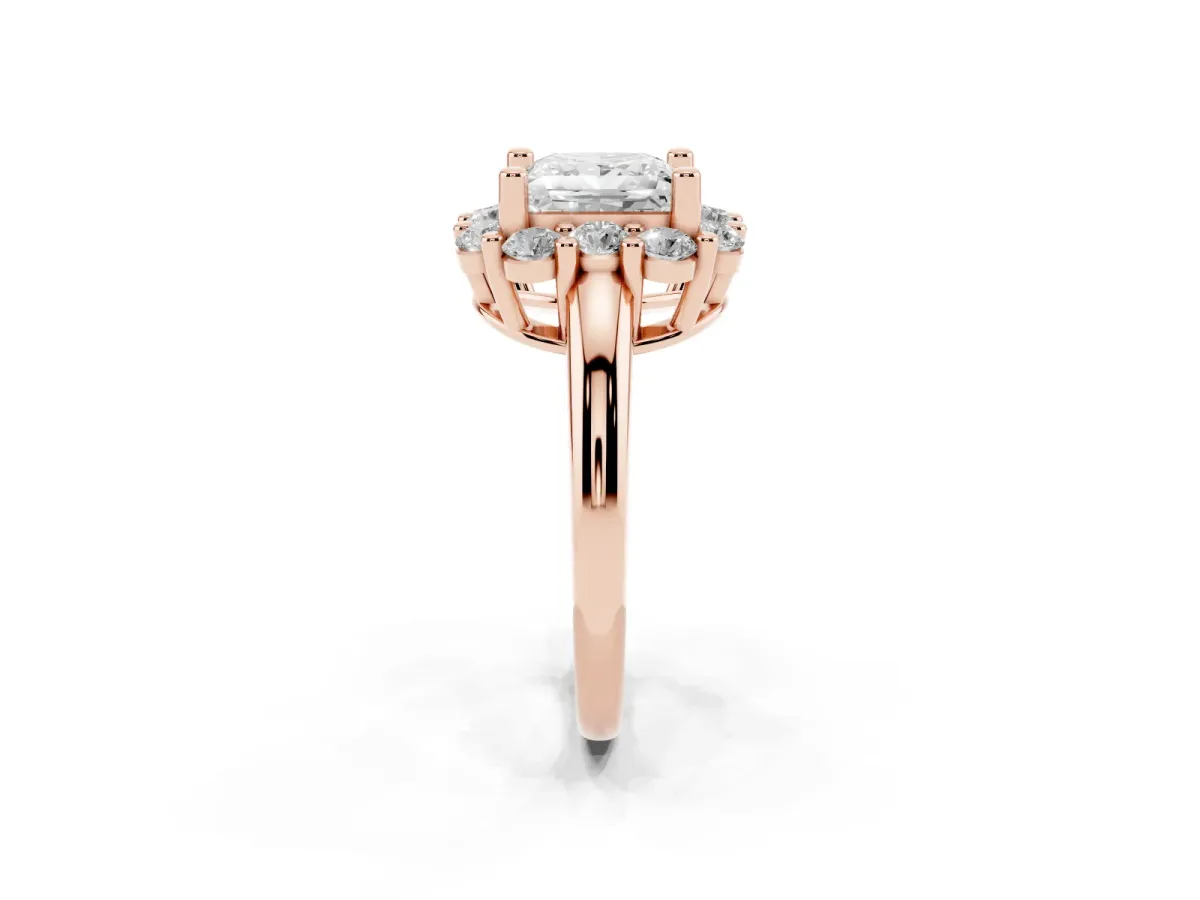 Princess Cut Halo Cluster Diamond Engagement Ring with Prong Setting and Polished Band Rose gold