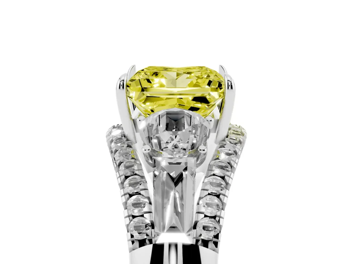 Fancy Yellow Three-Stone Princess Cut Diamond Engagement Ring with Pave Band and Prong Setting Silver