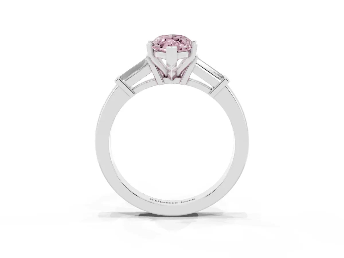 Fancy Pink Marquise Cut Cut Diamond Solitaire Ring with Tapered Baguette Accents and Four-Prong Setting Platinum