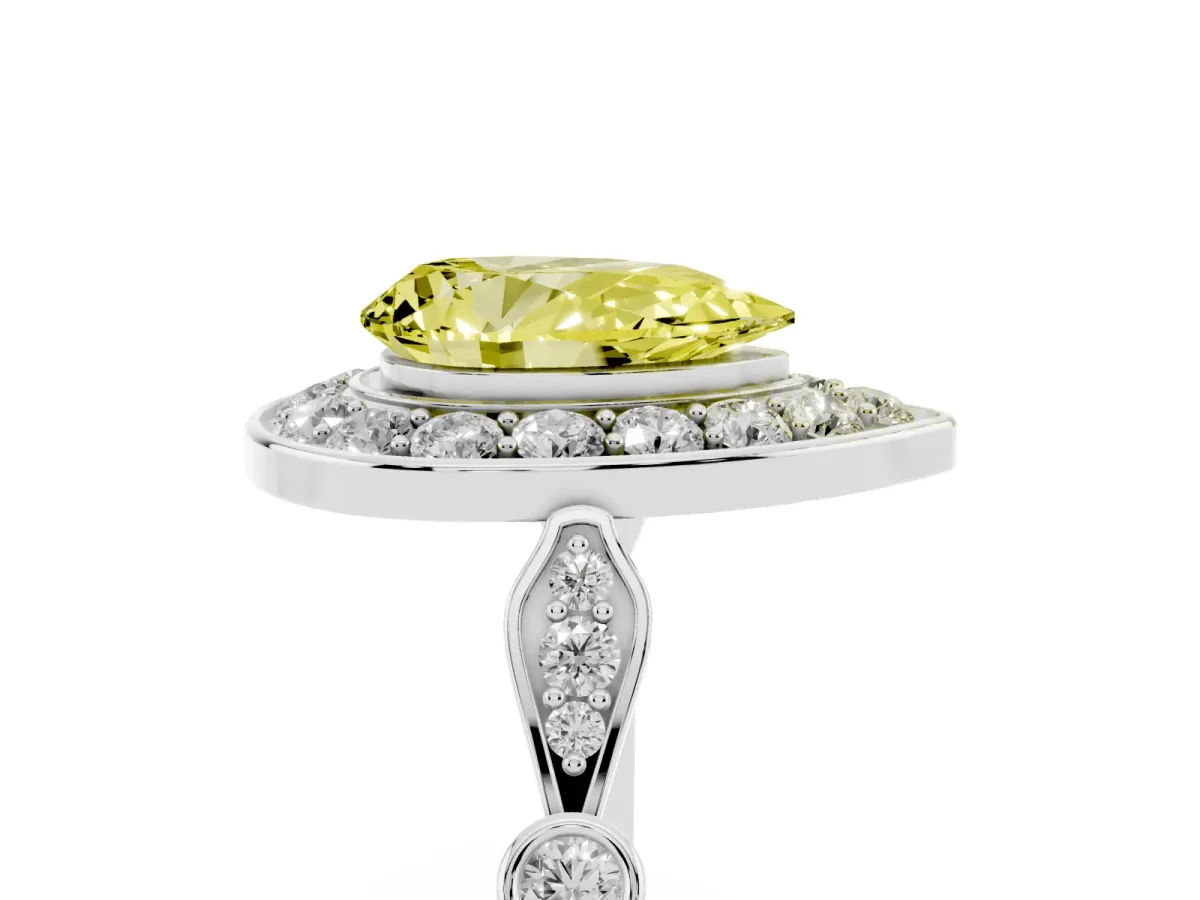 Fancy Yellow Pear Cut Halo Diamond Engagement Ring with Twisted Band and Four-Prong Setting Platinum
