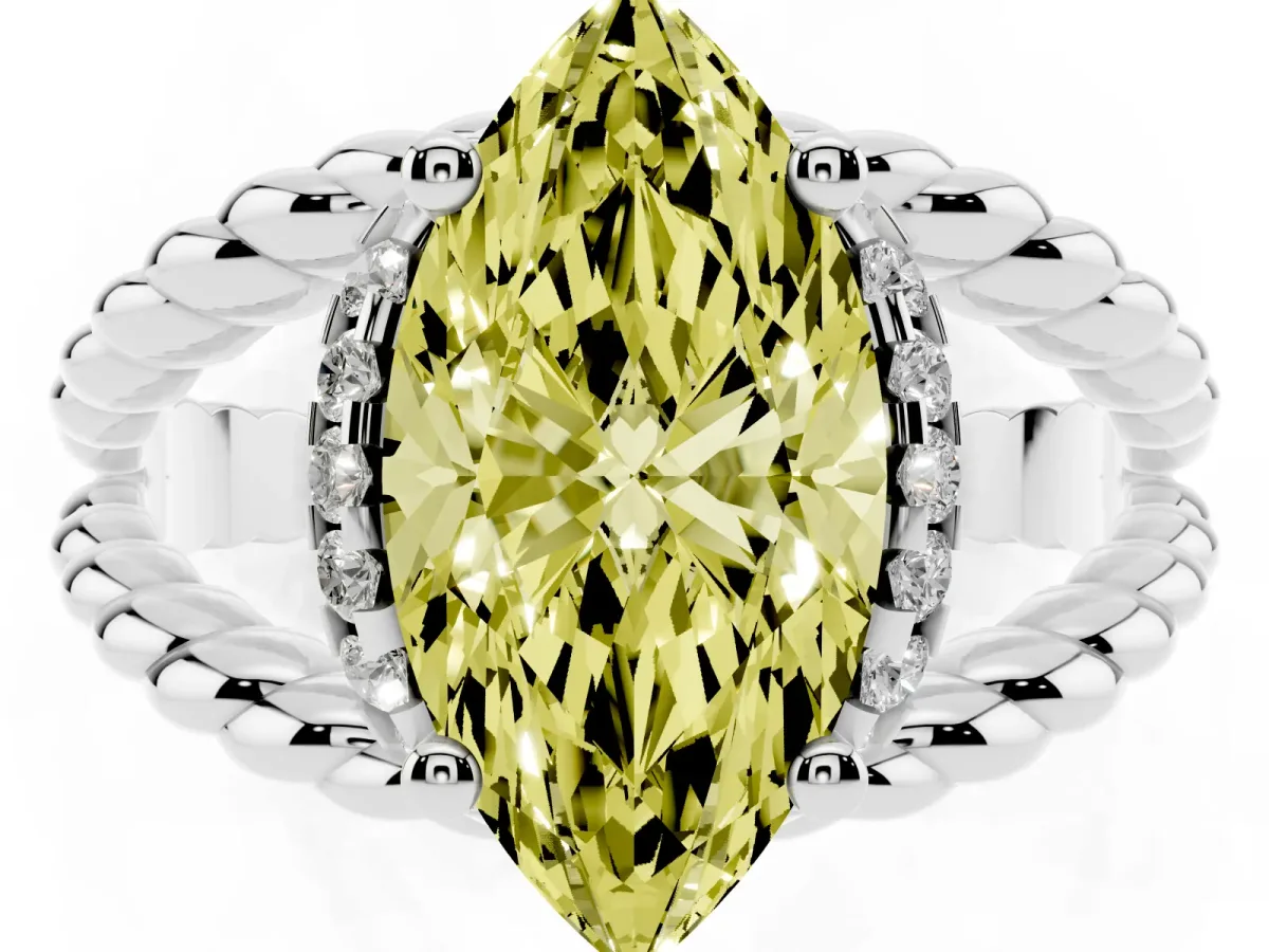 Fancy Yellow Marquise Cut Halo Twisted Band Four-Prong Ring Platinum