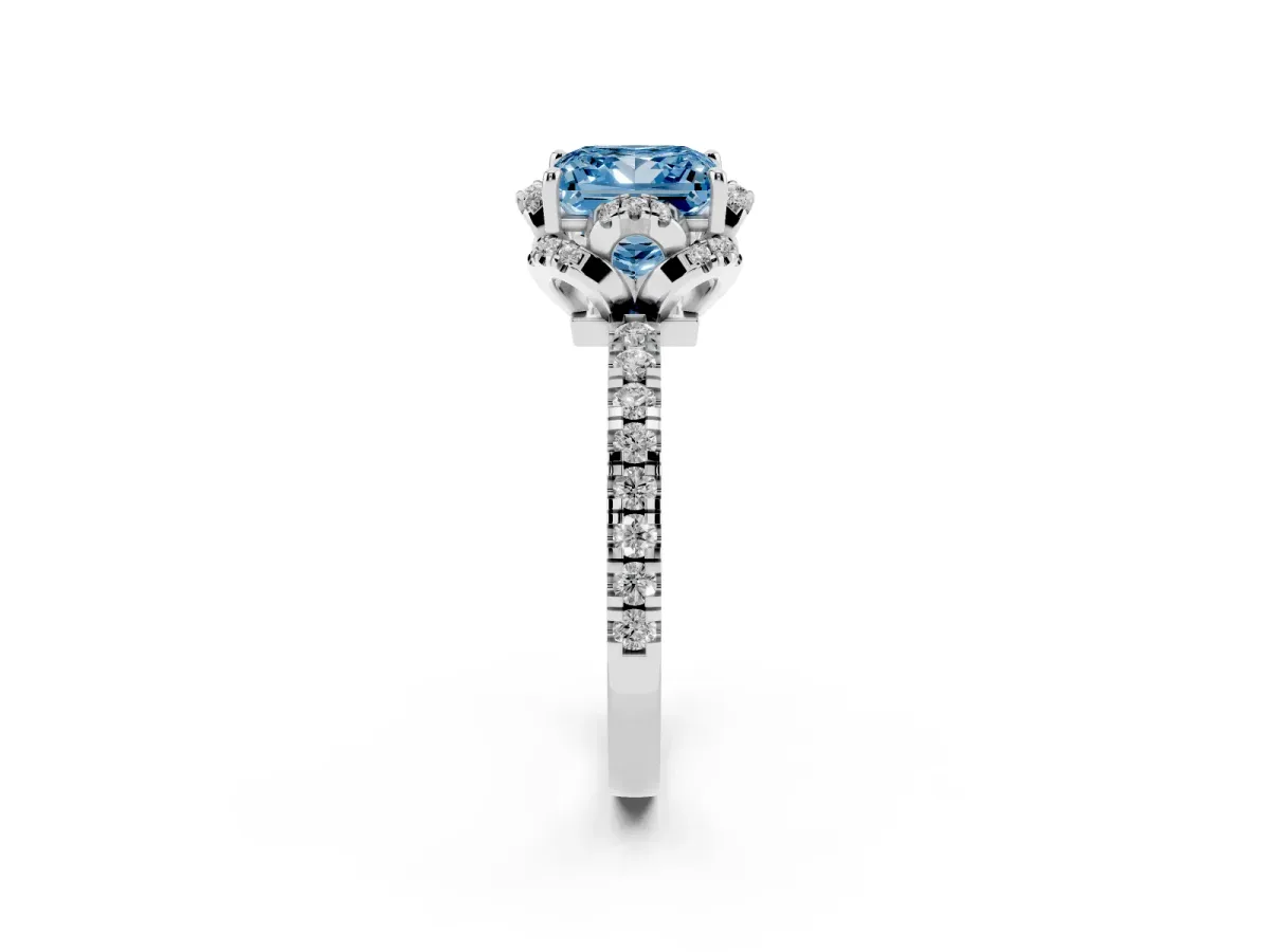 Fancy Blue Princess Cut Halo Diamond Pave Band Ring with Four-Prong Setting Platinum
