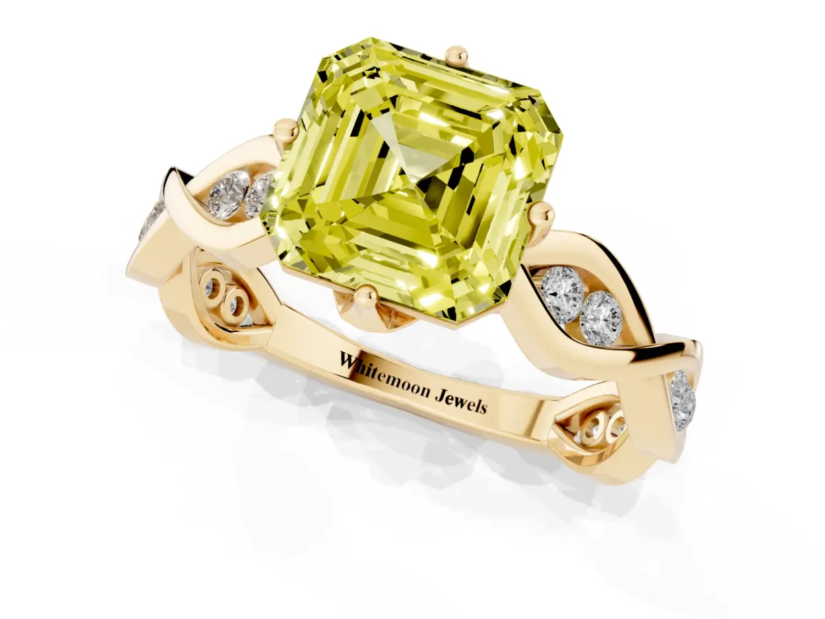 Fancy Yellow Asscher Cut Solitaire Twist Band with Leaf Prong Setting Yellow gold