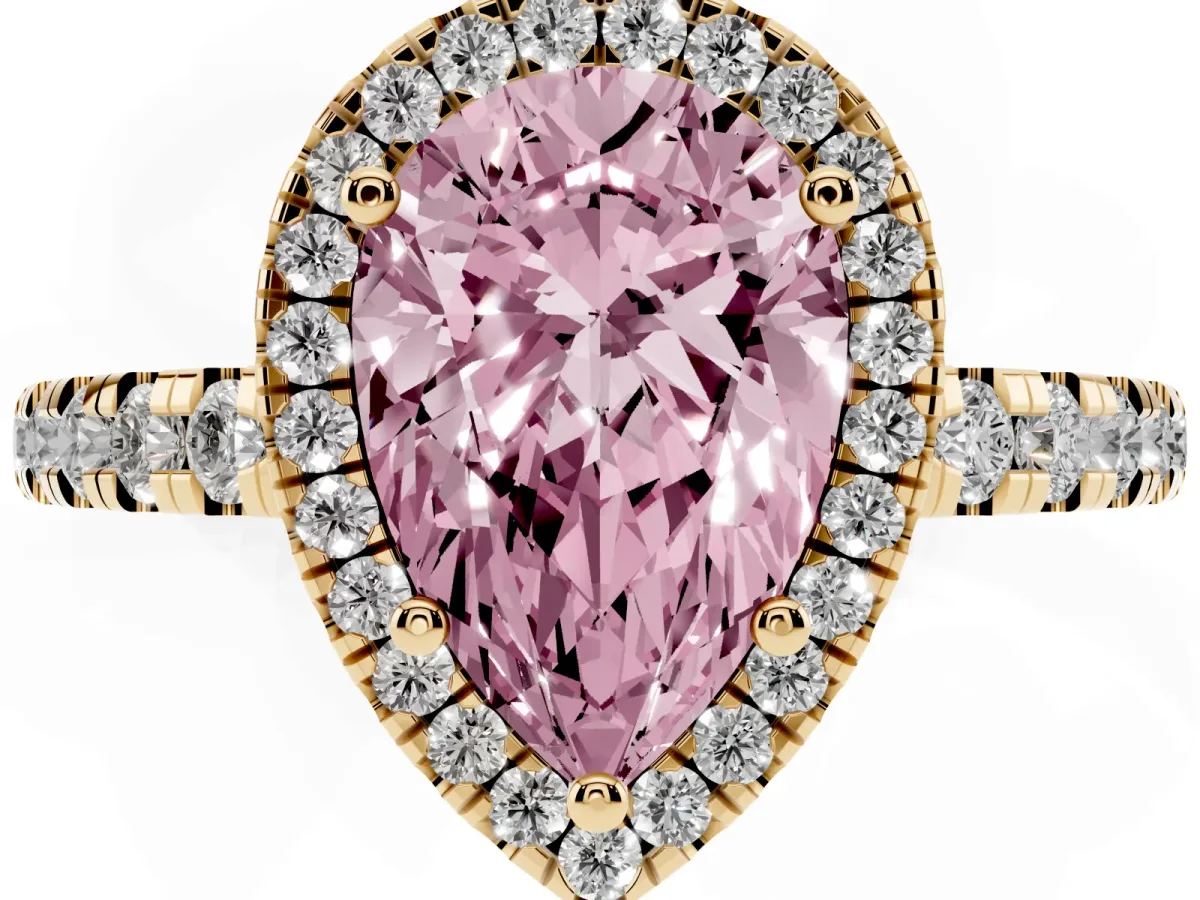 Fancy Pink Pear Cut Diamond Halo Ring with Pavé Band and Four-Prong Setting Yellow gold