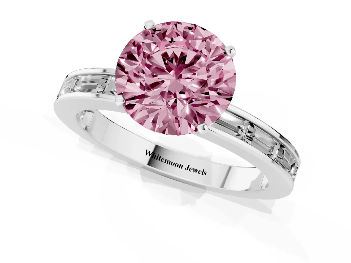 Fancy Pink Round Cut Solitaire Diamond Ring with Channel-Set Baguette Band and Four-Prong Setting Silver