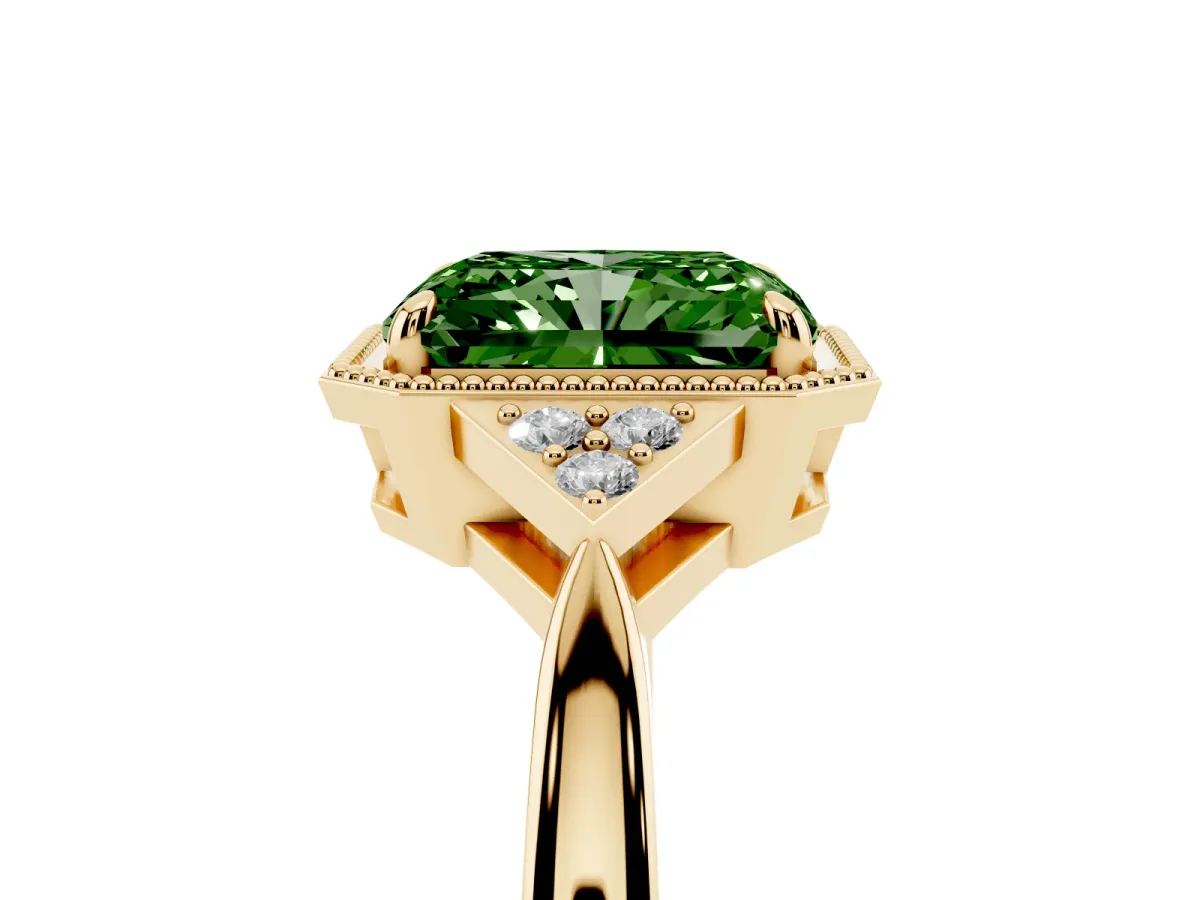 Fancy Green Hexagonal Halo Radiant Cut Diamond Solitaire with Pavé Band and Four-Prong Setting Yellow gold