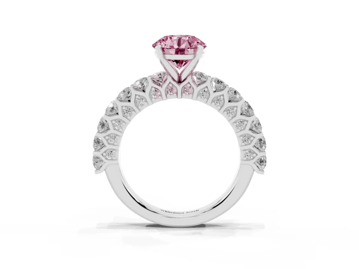 Fancy Pink Round Cut Diamond Solitaire Ring with Shared Prong Pavé Band and Four-Prong Setting Silver