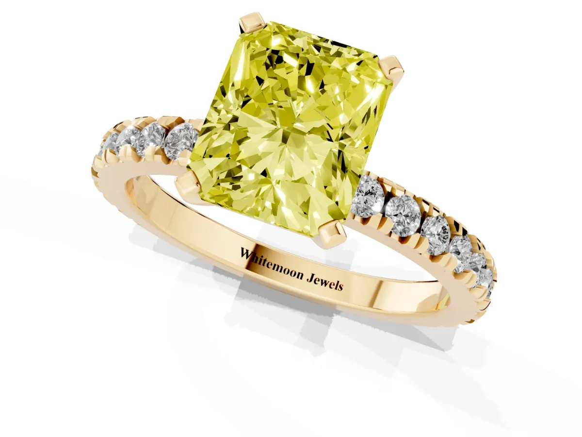 Fancy Yellow Radiant Cut Diamond Pavé Band Solitaire with Four-Prong Setting Yellow gold