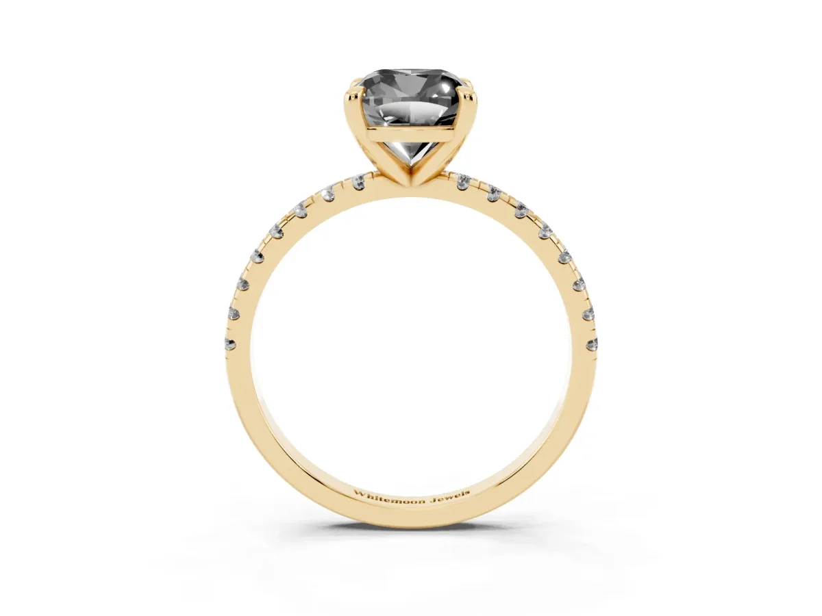Fancy Black Cushion Cut Diamond Brilliant Solitaire Ring with Pavé Band and Four-Prong Setting Yellow gold