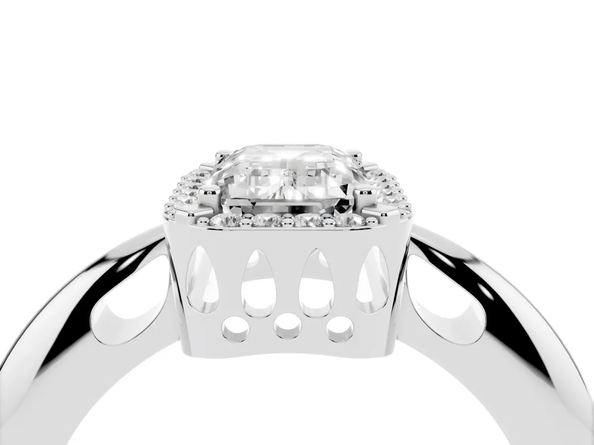 Emerald Cut Cut Diamond Halo Engagement Ring with Split Shank and Four-Prong Setting Silver