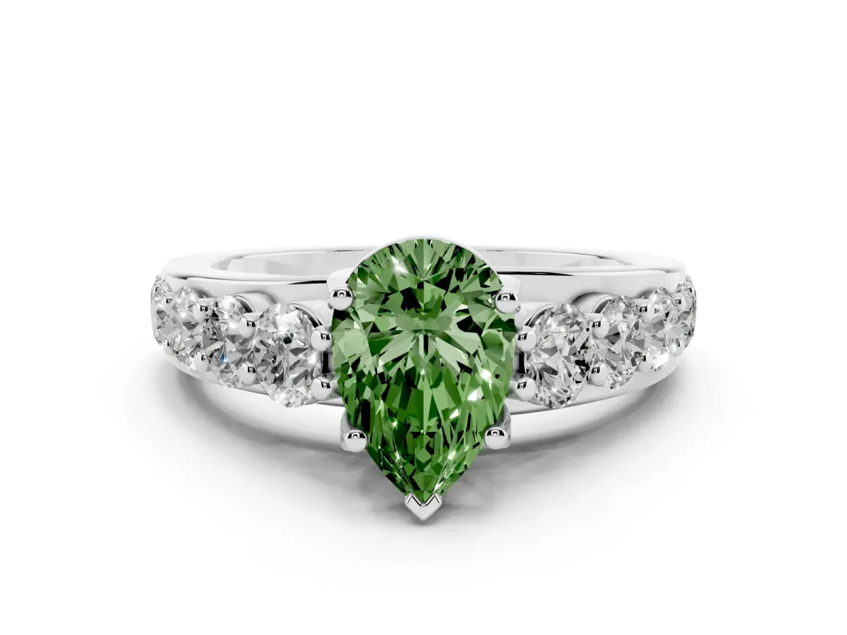Fancy Green Pear Cut Diamond Engagement Ring with Pavé Band and Four-Prong Setting White gold