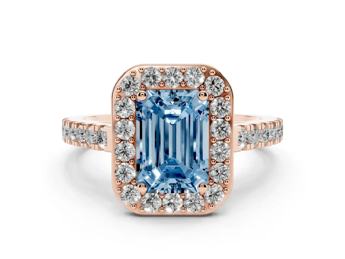 Fancy Blue Emerald Cut Diamond Halo Ring with Round Pavé Split Shank and Prong Setting Rose gold