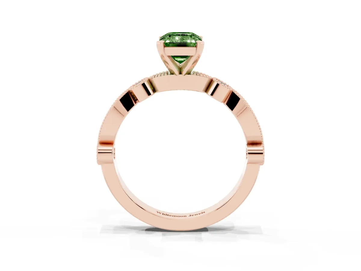 Fancy Green Emerald Cut Milgrain Bezel Diamond Engagement Ring with Solitaire Prong Setting Rose gold