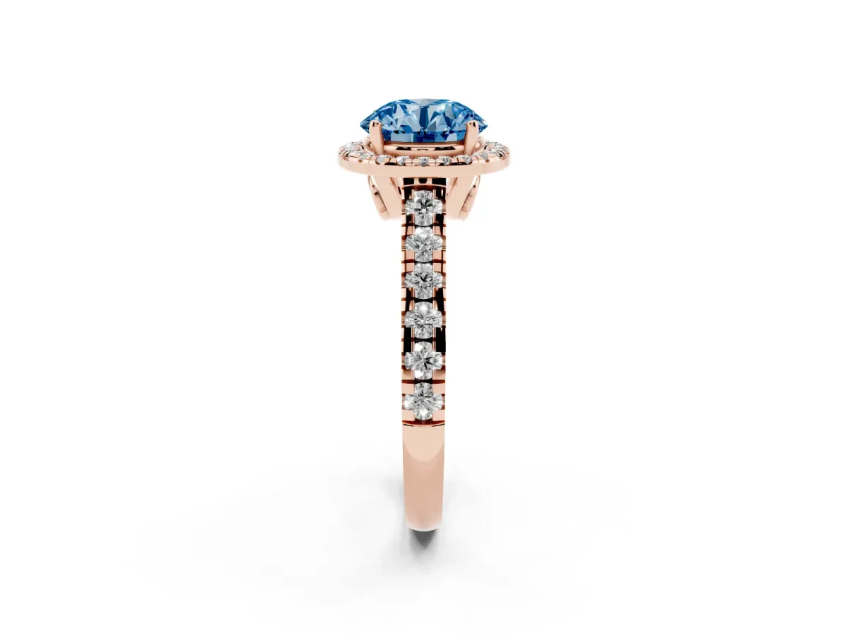 Fancy Blue Round Cut Halo Pavé Diamond Engagement Ring with Four-Prong Setting Rose gold